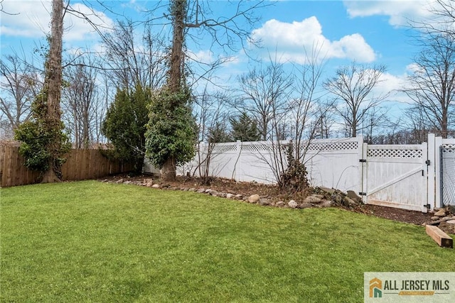 view of yard with a fenced backyard and a gate