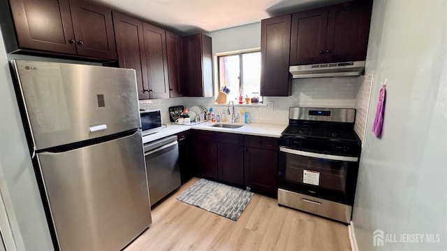 kitchen featuring appliances with stainless steel finishes, under cabinet range hood, a sink, light wood-type flooring, and dark brown cabinetry