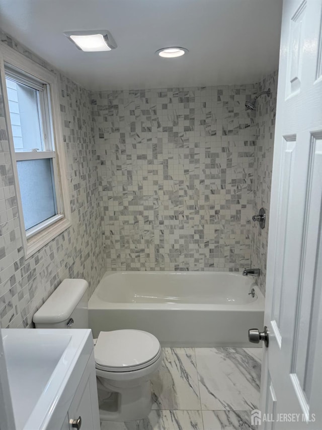 364 Myrtle St, Perth Amboy, NJ 08861 - bathroom with bathing tub / shower combination, vanity, recessed lighting, and marble look tiles