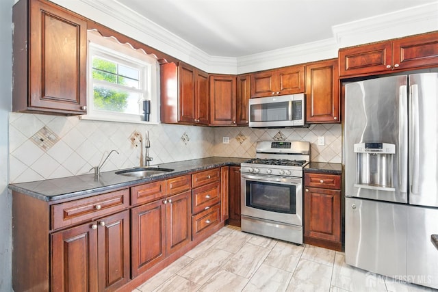 68 Pennsylvania Ave, Perth Amboy, NJ 08861 - kitchen featuring stainless steel appliances, a sink, tasteful backsplash, ornamental molding, and light marble finish floors