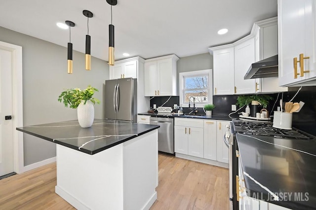 kitchen featuring stainless steel appliances, backsplash, white cabinets, a sink, and under cabinet range hood