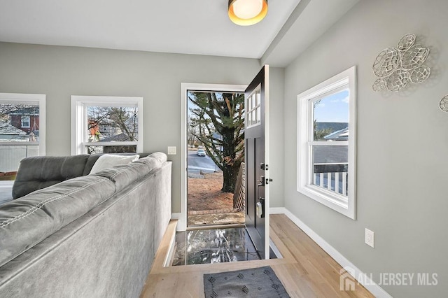 foyer with baseboards and wood finished floors