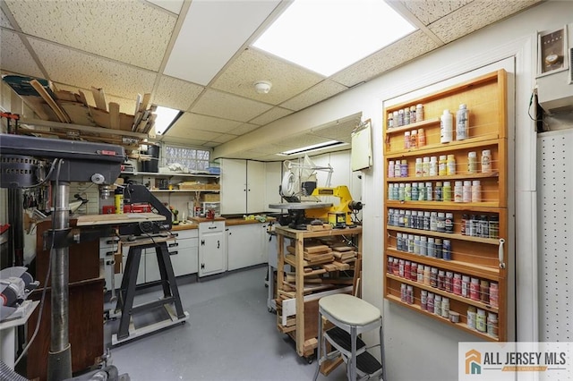 basement featuring a workshop area and a paneled ceiling