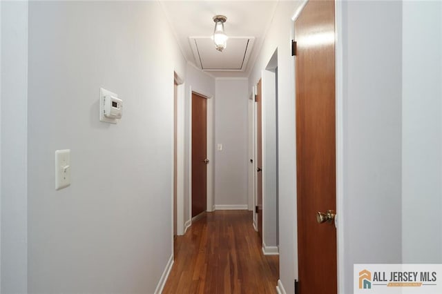 corridor featuring attic access, dark wood-style flooring, baseboards, and ornamental molding