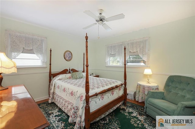 bedroom featuring multiple windows, ceiling fan, wood finished floors, and baseboards