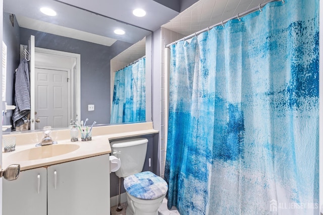 907 Meadow Ct, Helmetta, NJ 08828 - bathroom with vanity, recessed lighting, and curtained shower