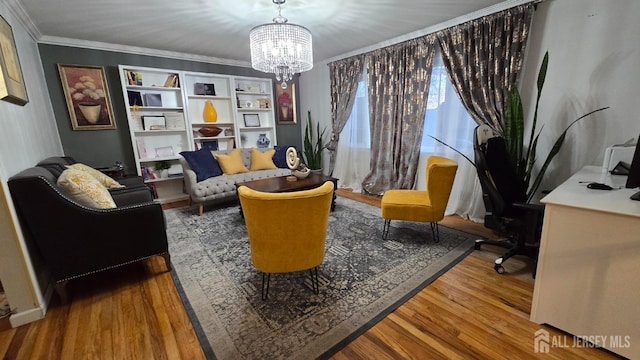 22 Delaney Ct, South Plainfield, NJ 07080 - living area featuring wood finished floors, crown molding, a chandelier, and an office area