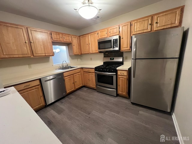 kitchen featuring sink, stainless steel appliances, and dark hardwood / wood-style flooring