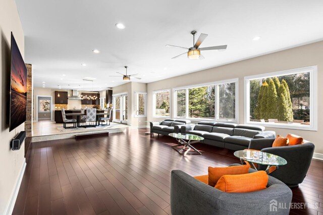 6 Alex Ct, Monroe, NJ 08831 - living room featuring ceiling fan, baseboards, recessed lighting, and dark wood-type flooring