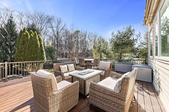 6 Alex Ct, Monroe, NJ 08831 - wooden terrace with outdoor lounge area and view of scattered trees