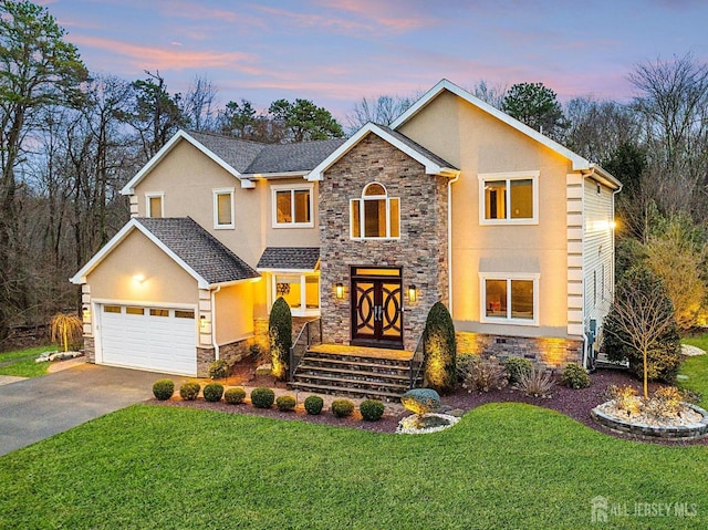 6 Alex Ct, Monroe, NJ 08831 - traditional-style house featuring stone siding, stucco siding, and a lawn