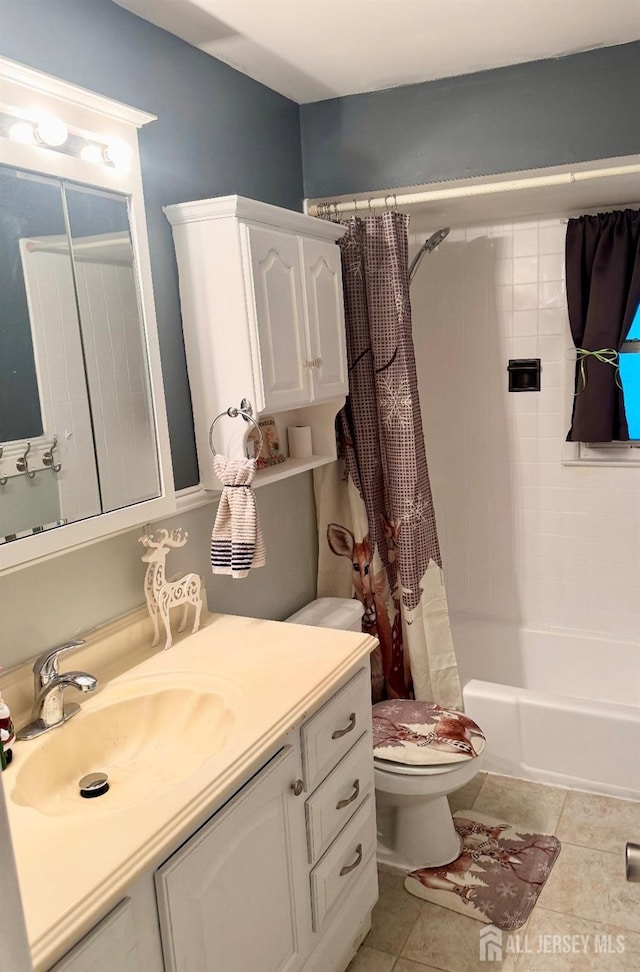 full bathroom with toilet, shower / bathtub combination with curtain, vanity, and tile patterned floors