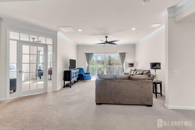 2204 Conrad Way, Franklin, NJ 08873 - living room featuring carpet floors, ornamental molding, ceiling fan, and recessed lighting