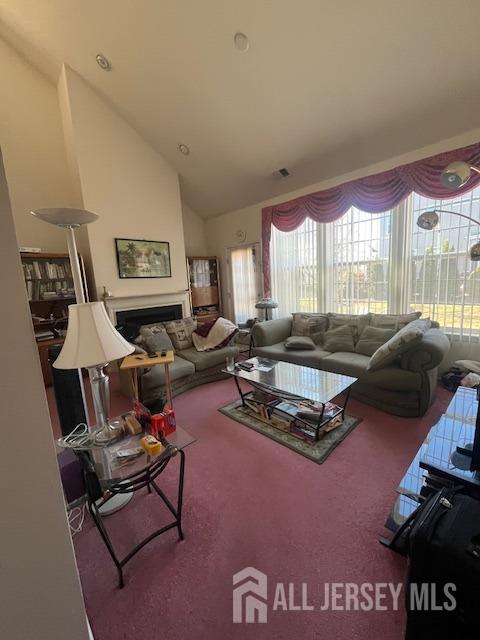 carpeted living room featuring high vaulted ceiling and plenty of natural light