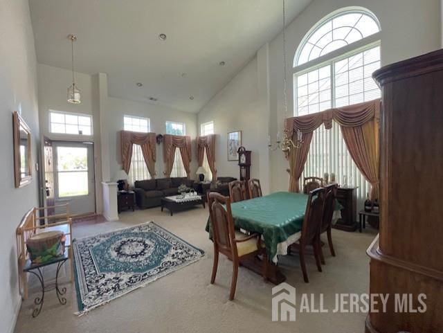 47 Stony Path Dr, South Brunswick, NJ 08810 - dining area with high vaulted ceiling and carpet floors