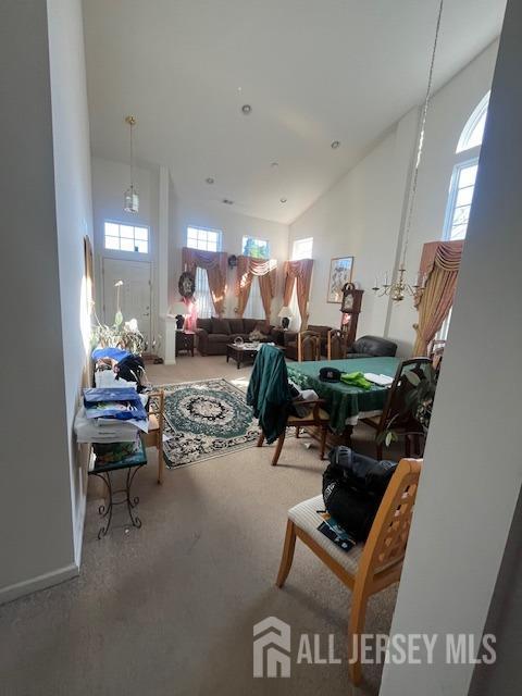 misc room featuring high vaulted ceiling, carpet floors, and a wealth of natural light