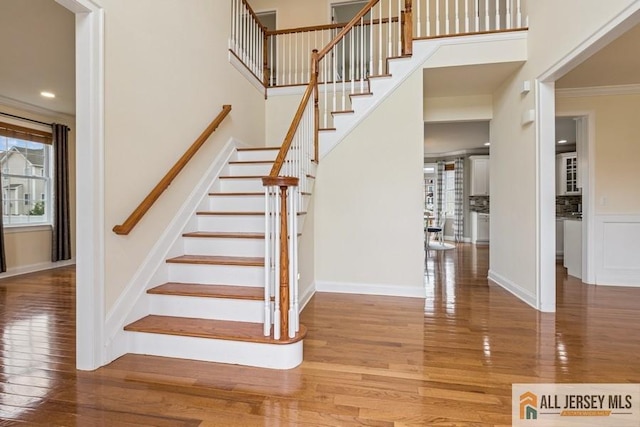 20 Washingtons Xing, Monroe, NJ 08831 - stairs with wood finished floors, baseboards, ornamental molding, recessed lighting, and a towering ceiling