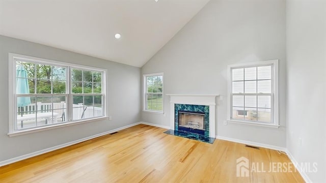 46 Carriage Dr, Piscataway, NJ 08854 - unfurnished living room featuring wood finished floors, baseboards, high vaulted ceiling, and a premium fireplace