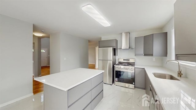 46 Carriage Dr, Piscataway, NJ 08854 - kitchen with gray cabinetry, appliances with stainless steel finishes, wall chimney exhaust hood, a sink, and modern cabinets