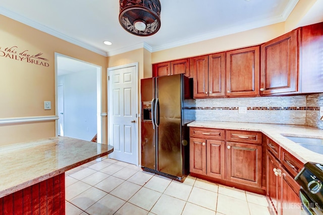 kitchen featuring light tile patterned floors, black appliances, tasteful backsplash, and light stone counters