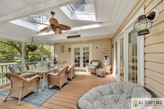 35 Parkview Rd, Cranbury, NJ 08512 - wooden deck with french doors, ceiling fan, and outdoor dining area