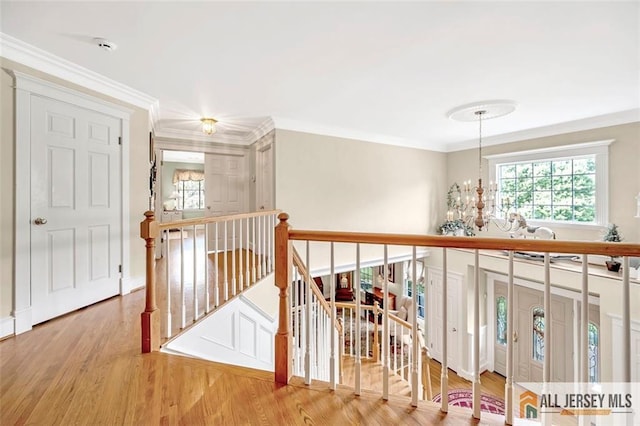 35 Parkview Rd, Cranbury, NJ 08512 - hall with an upstairs landing, wood finished floors, a chandelier, and ornamental molding