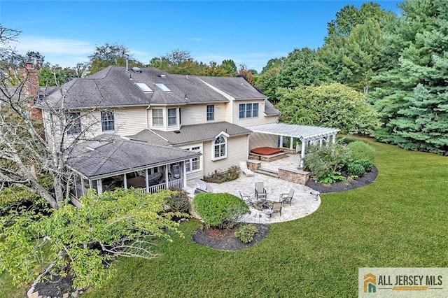 35 Parkview Rd, Cranbury, NJ 08512 - rear view of property featuring a pergola, a patio area, a hot tub, an outdoor fire pit, and a yard