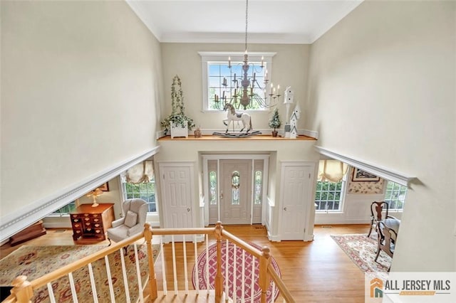 35 Parkview Rd, Cranbury, NJ 08512 - foyer featuring wood finished floors, crown molding, healthy amount of natural light, a chandelier, and a towering ceiling