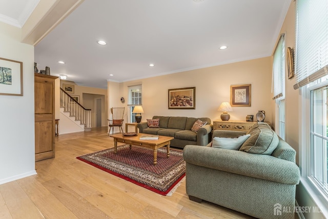 26 Magnolia Rd, Franklin Twsp, NJ 08873 - living area featuring ornamental molding, stairs, light wood-style flooring, recessed lighting, and healthy amount of natural light
