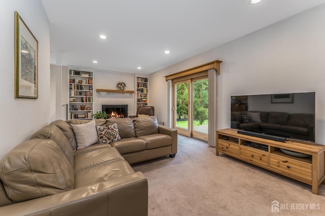 26 Magnolia Rd, Franklin Twsp, NJ 08873 - living area with light carpet, recessed lighting, a brick fireplace, and built in features
