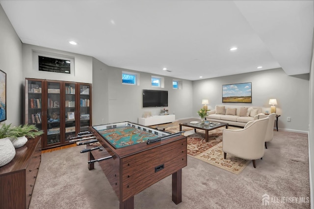 playroom featuring carpet flooring, recessed lighting, and baseboards