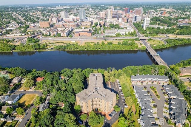 drone / aerial view with a water view