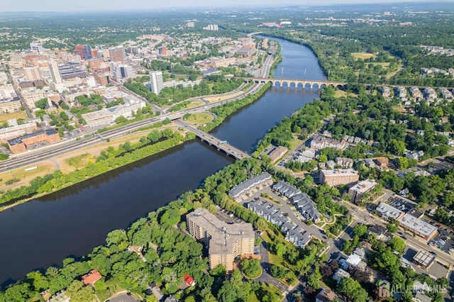 drone / aerial view featuring a water view