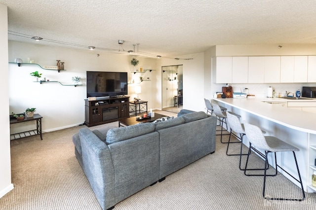 living area featuring baseboards, a textured ceiling, and light colored carpet