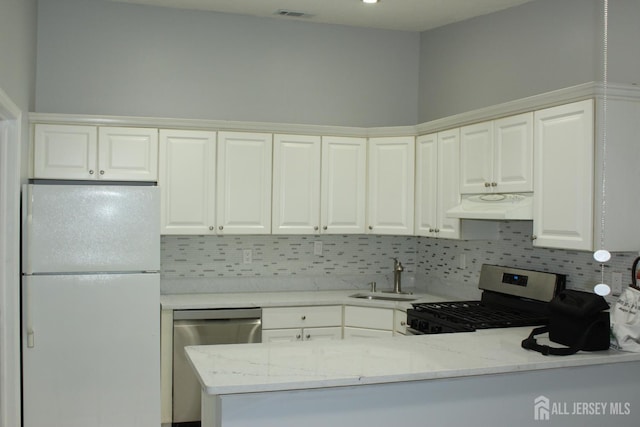 29 E Wycoff Way E, Brunswick, NJ 08816 - kitchen featuring appliances with stainless steel finishes, under cabinet range hood, tasteful backsplash, and light stone counters