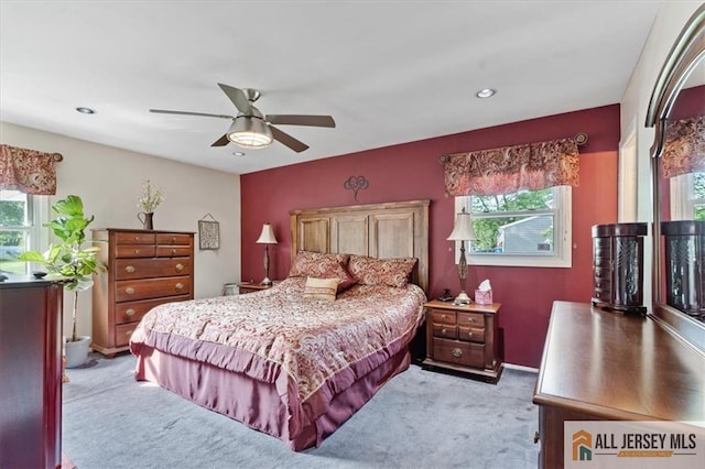 23 Spring St, Franklin, NJ 08873 - bedroom with light colored carpet, multiple windows, recessed lighting, and a ceiling fan