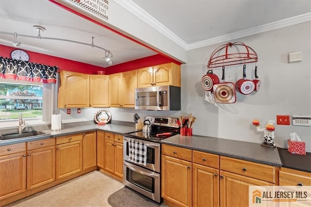 23 Spring St, Franklin, NJ 08873 - kitchen featuring appliances with stainless steel finishes, dark countertops, and crown molding