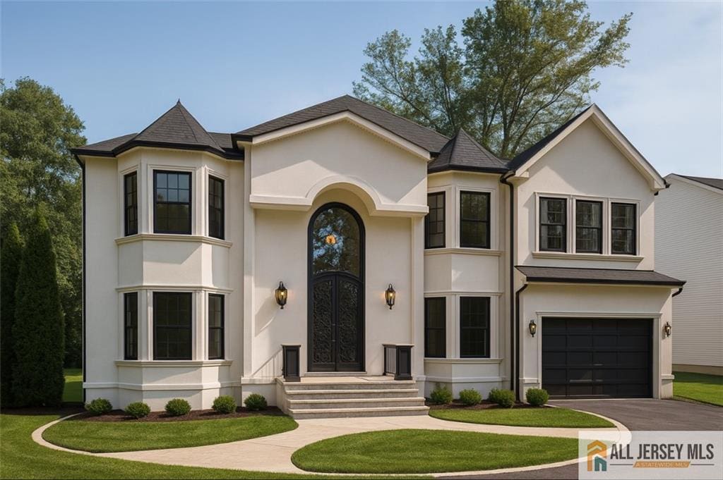3774 Park Ave, Edison, NJ 08820 - french provincial home with driveway, a garage, stucco siding, and a front yard