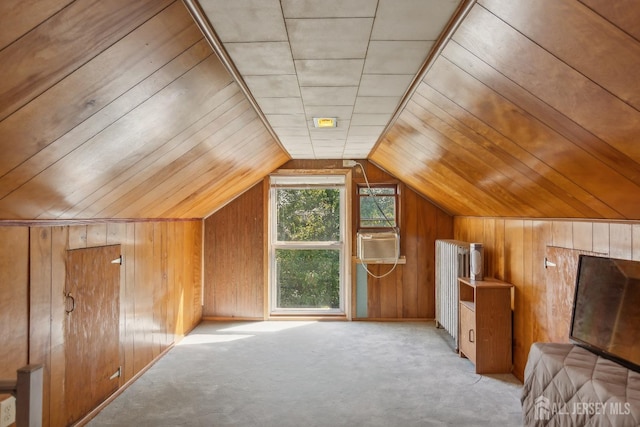 bonus room with lofted ceiling, wood ceiling, cooling unit, carpet flooring, and wood walls