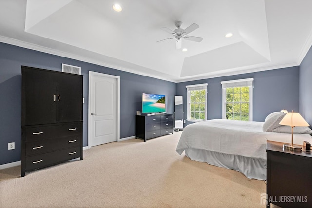 24 Saddle Ct, Monroe, NJ 08831 - bedroom featuring a raised ceiling, light colored carpet, recessed lighting, crown molding, and baseboards