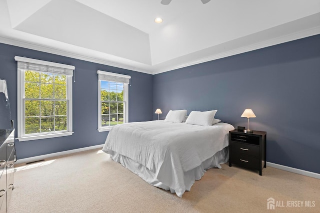24 Saddle Ct, Monroe, NJ 08831 - bedroom with a tray ceiling, light colored carpet, baseboards, recessed lighting, and crown molding