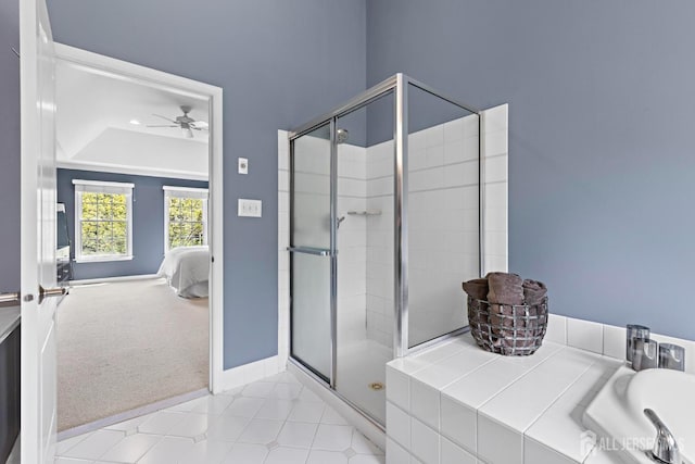 24 Saddle Ct, Monroe, NJ 08831 - ensuite bathroom featuring a ceiling fan, a shower stall, baseboards, and a raised ceiling