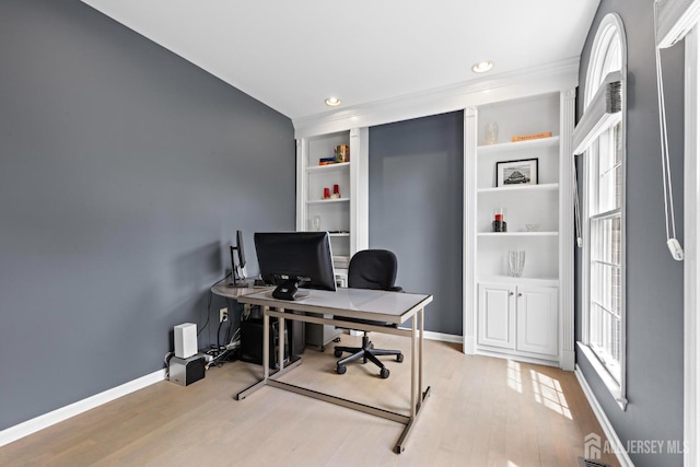 24 Saddle Ct, Monroe, NJ 08831 - home office with baseboards, light wood-type flooring, built in features, recessed lighting, and crown molding