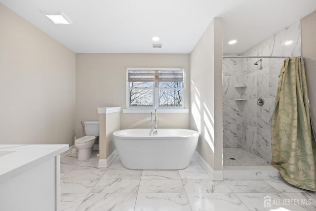 bathroom with a freestanding bath, a marble finish shower, baseboards, marble look tile flooring, and toilet
