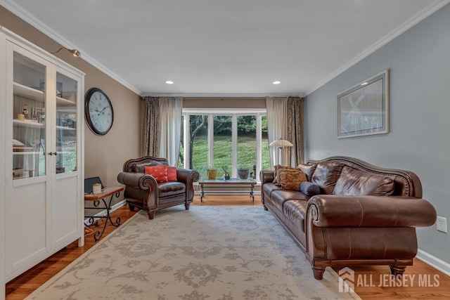 living room with crown molding and wood-type flooring