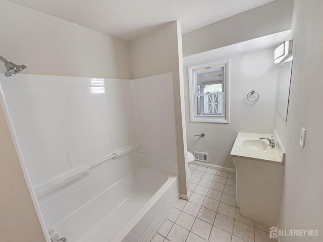 full bathroom featuring tile patterned floors, visible vents, toilet, baseboards, and vanity