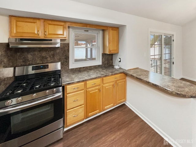 kitchen with under cabinet range hood, a healthy amount of sunlight, gas stove, and dark wood-type flooring