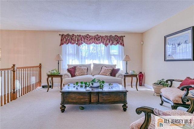 carpeted living area featuring baseboards