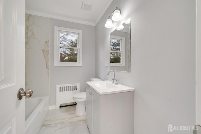 full bathroom with toilet, radiator heating unit, ornamental molding, marble finish floor, and vanity