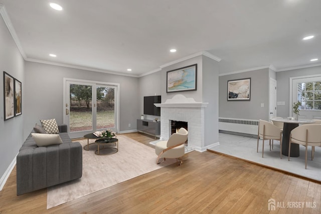 living room with a fireplace, radiator heating unit, light wood-type flooring, and ornamental molding